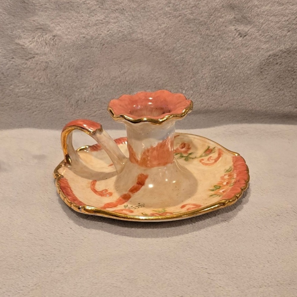 M Swain Hand Painted Floral Ceramic Chamberstick Candle Holder Gold Trim 2003